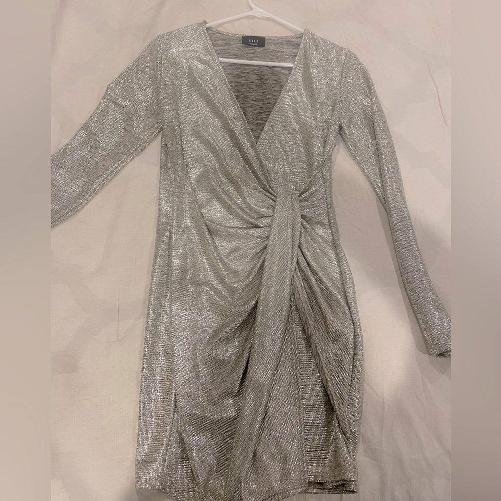 Metallic silver wrap dress